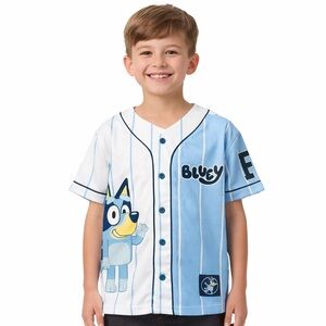 Bluey Boys Small Baseball Jersey Blue White Button Up Shirt Kids NWT